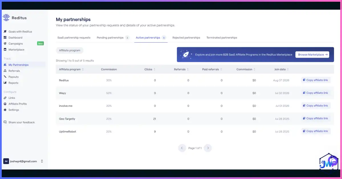 Reditus my partnerships page for approved SaaS affiliate programs