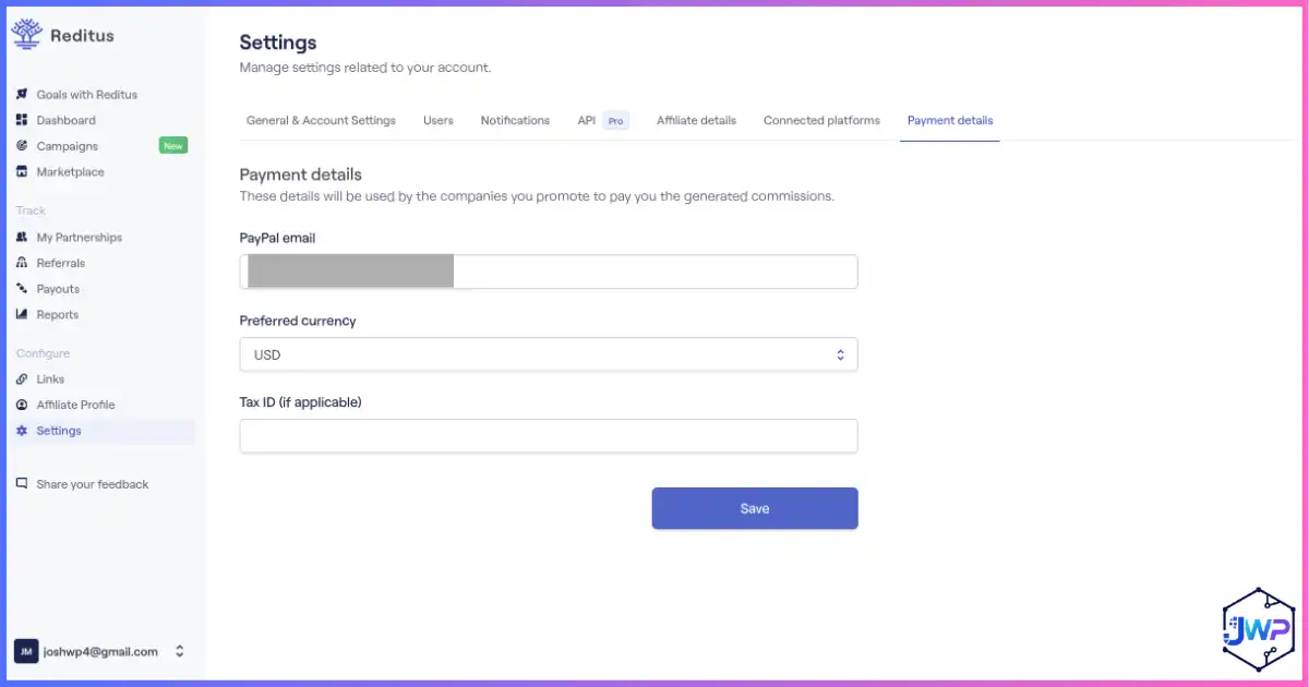 Reditus payment details page for affiliate payout information