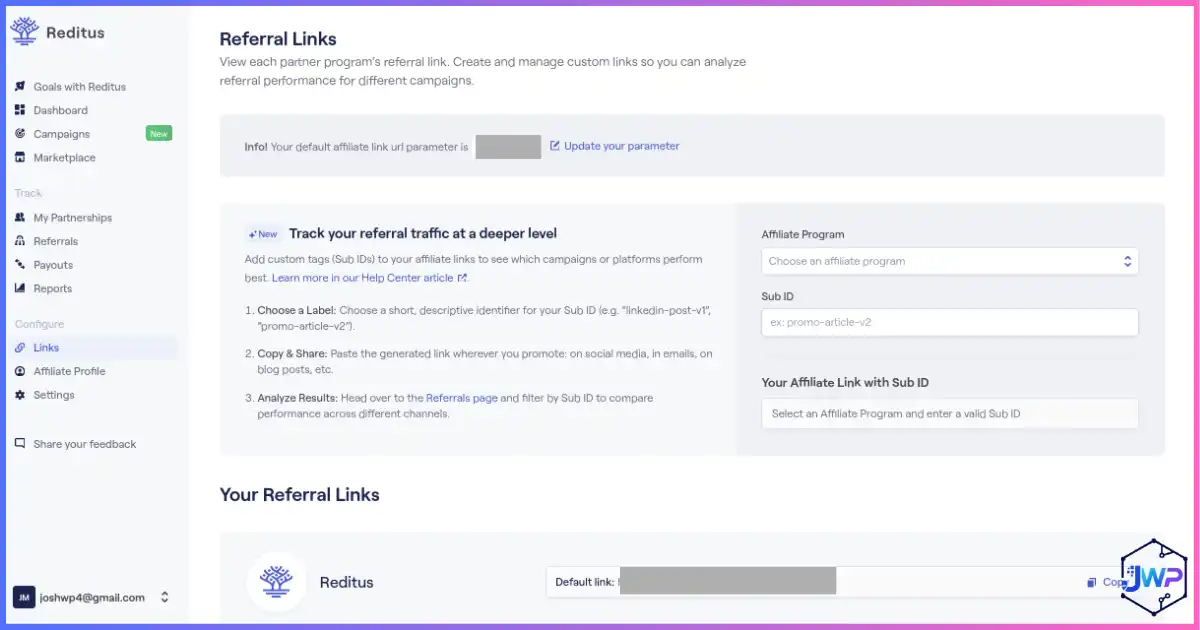 Reditus referral links page for SaaS affiliate links