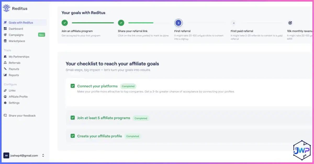 Reditus goals setup screen for affiliate program objectives