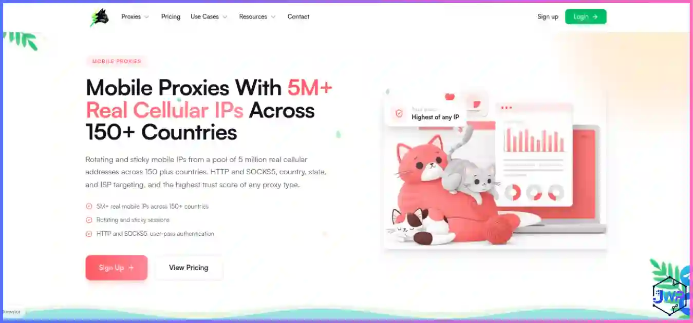 CatProxies mobile proxy page showing 5M+ real 4G and 5G cellular IPs across 150+ countries