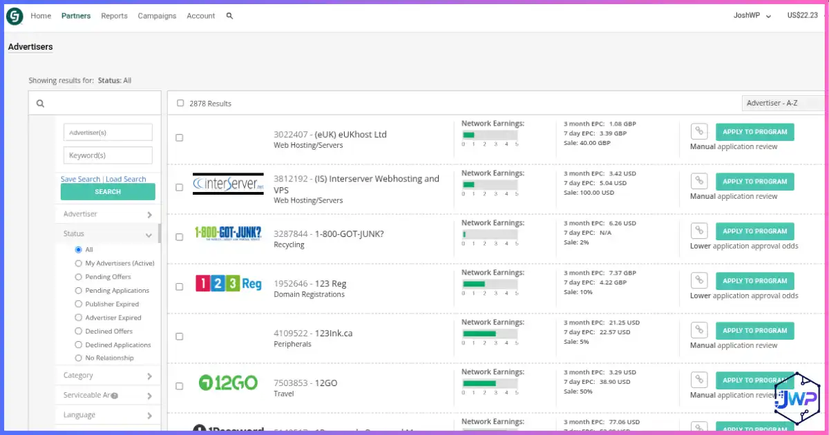 CJ Affiliate advertisers page for discovering affiliate programs