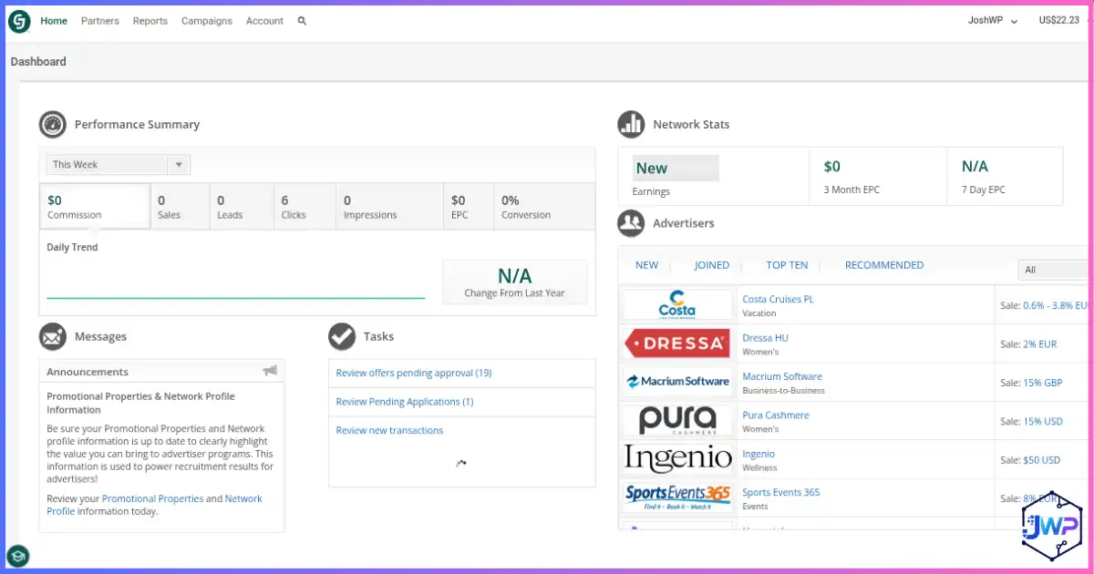 CJ Affiliate dashboard for publisher account overview