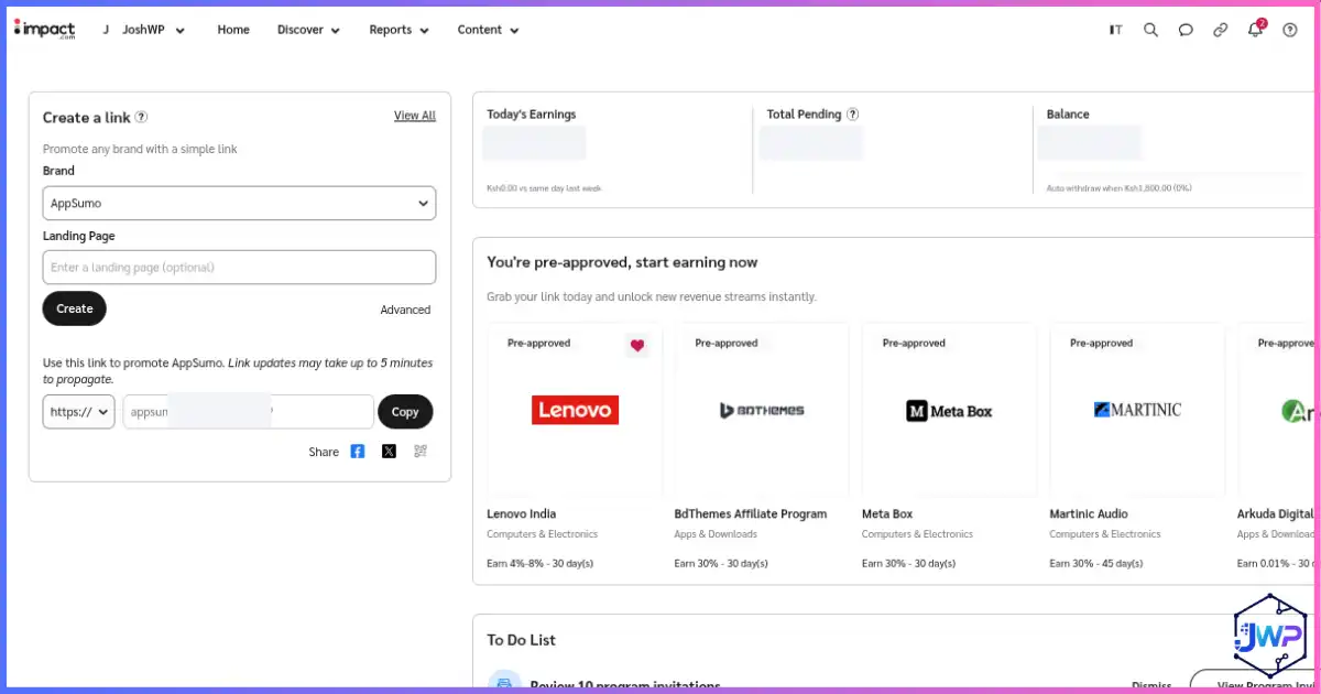 impact.com dashboard for affiliate partner account overview