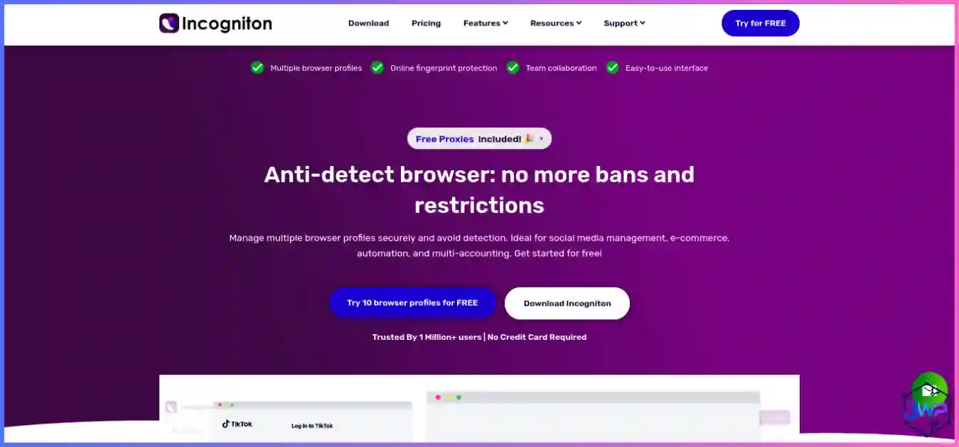 Incogniton anti-detect browser homepage with the most generous free plan among cheap anti-detect browsers