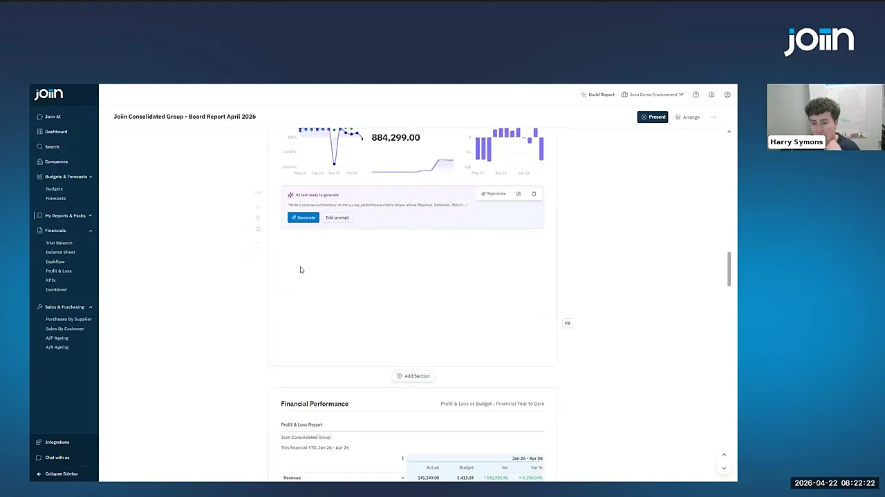 AI-built Joiin report pack showing KPI analysis and charts