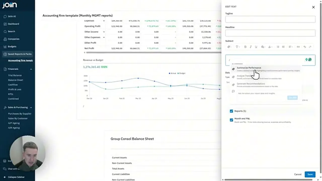 Joiin AI trend analysis options inside a report pack text block