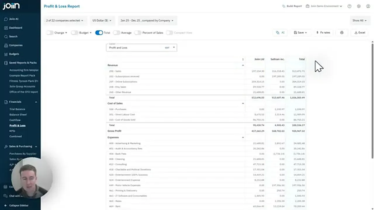 Consolidated Profit and Loss report in Joiin with entity columns and total column