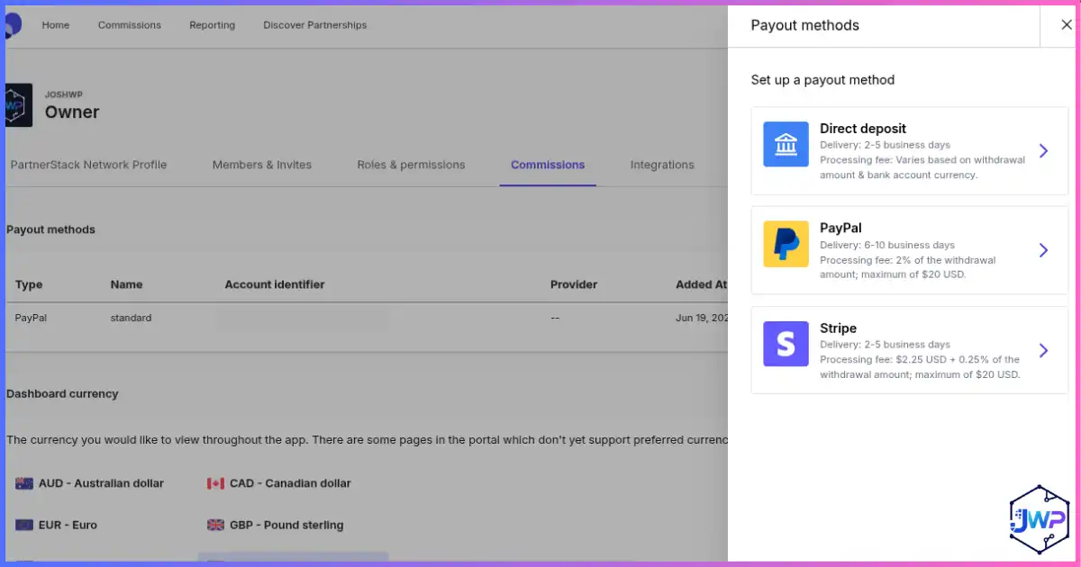 PartnerStack payment methods page for affiliate payouts