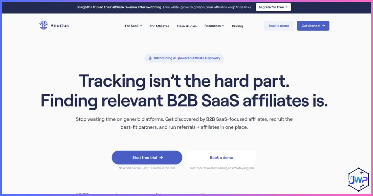Reditus home page for B2B SaaS affiliate and referral platform
